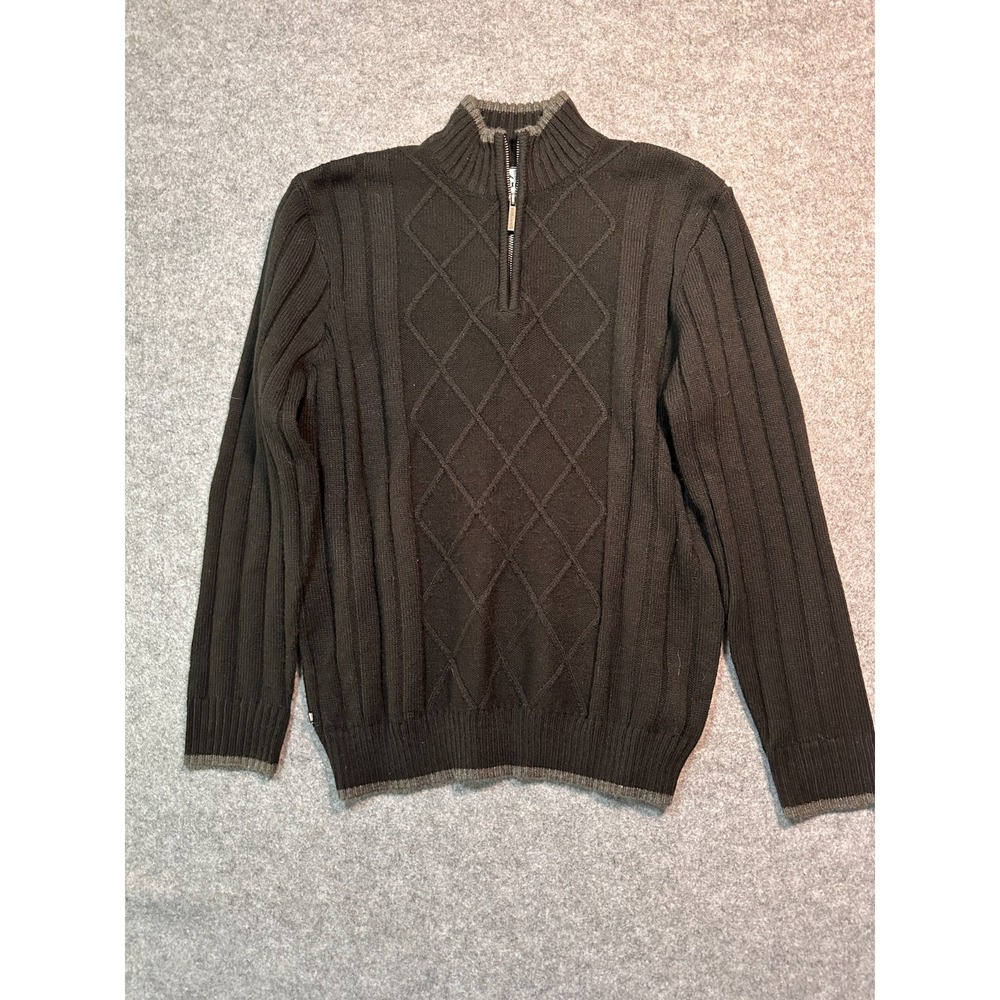 Geoffrey Beene Sweater Mens Large Dark Brown Diamond Cable Knit Warm 1/4 Zip